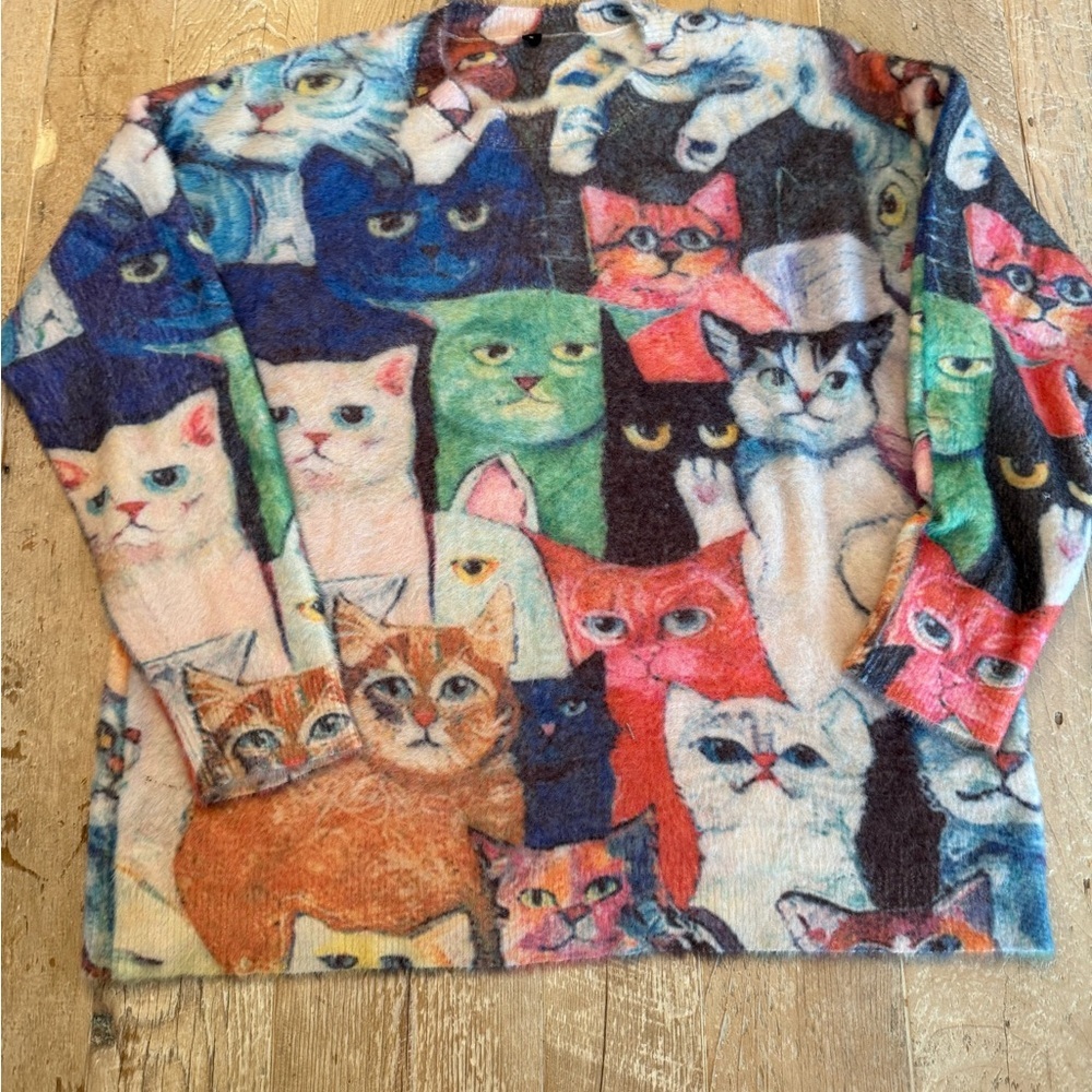 Cat Print Cozy Pullover Oversized Sweater - Multicolor S